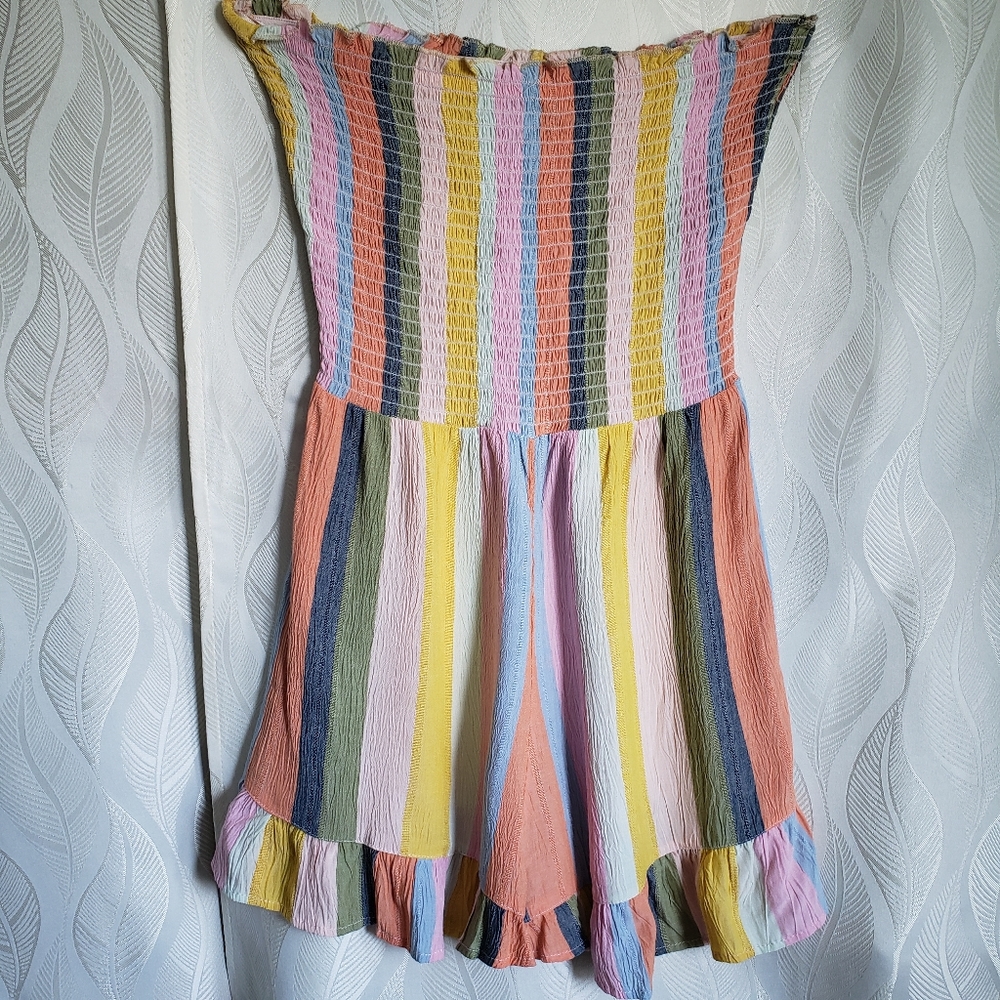 NWT Colorful Vertically Striped Strapless Smocked Ruffled Hem Shorts Romper